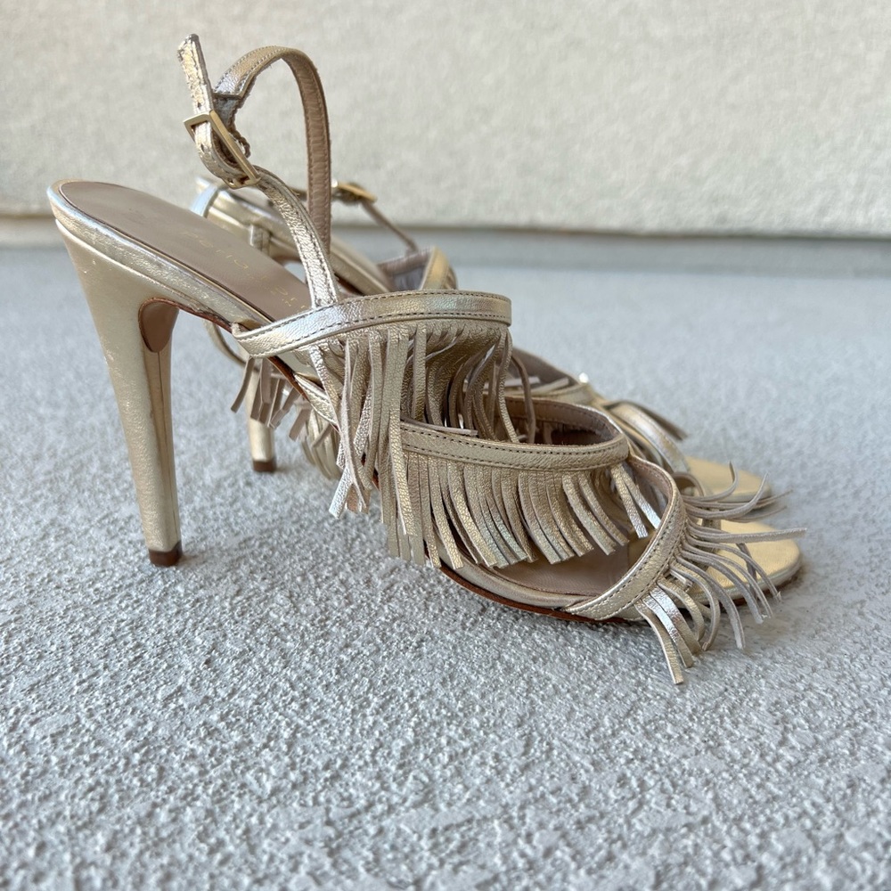 Perla Formentini Allegra Gold Platino Fringe Leather Heels Size 39 - Picture 8 of 11